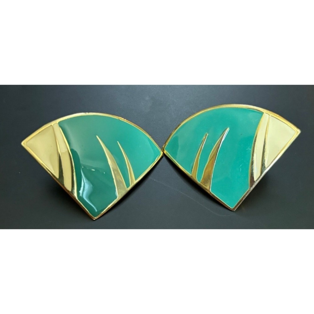 Vintage 80s Fan-Shaped Enamel Clip On Earrings Teal Green & Gold